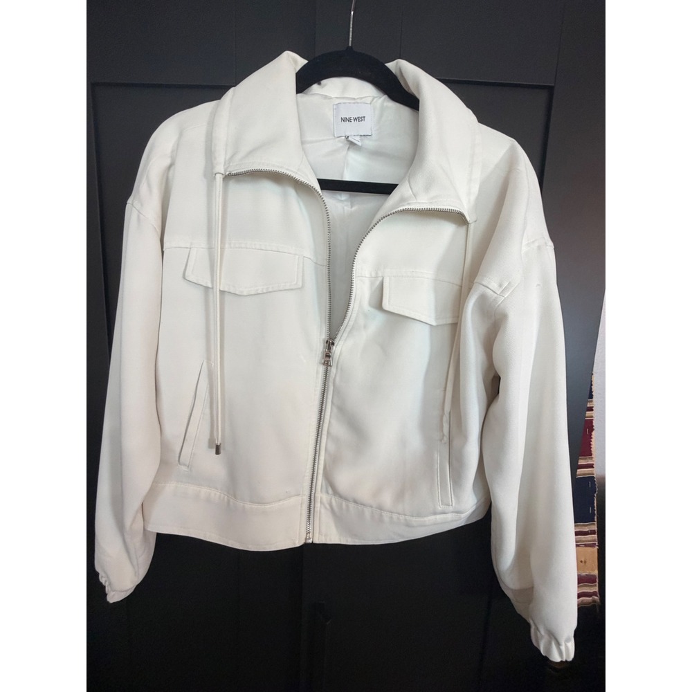 Nine West Womens White Textured Cropped Zip Up Jacket Drawstring Collar Size M